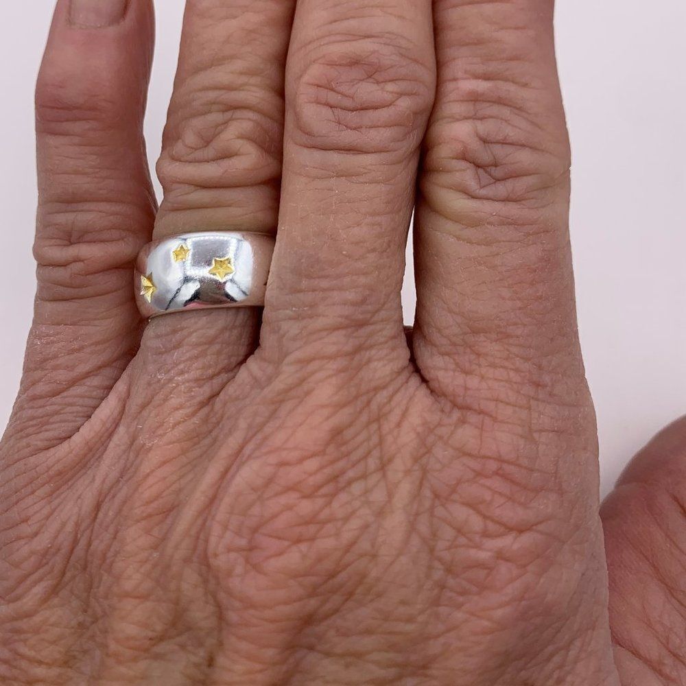Ring, new, no tags, solid 925 sterling silver, tiny golden star motif